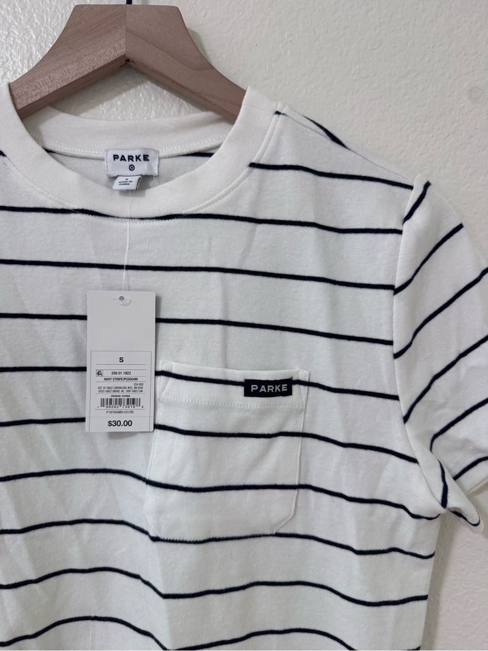 Parke White Tee with Navy Stripe Pocket Detail